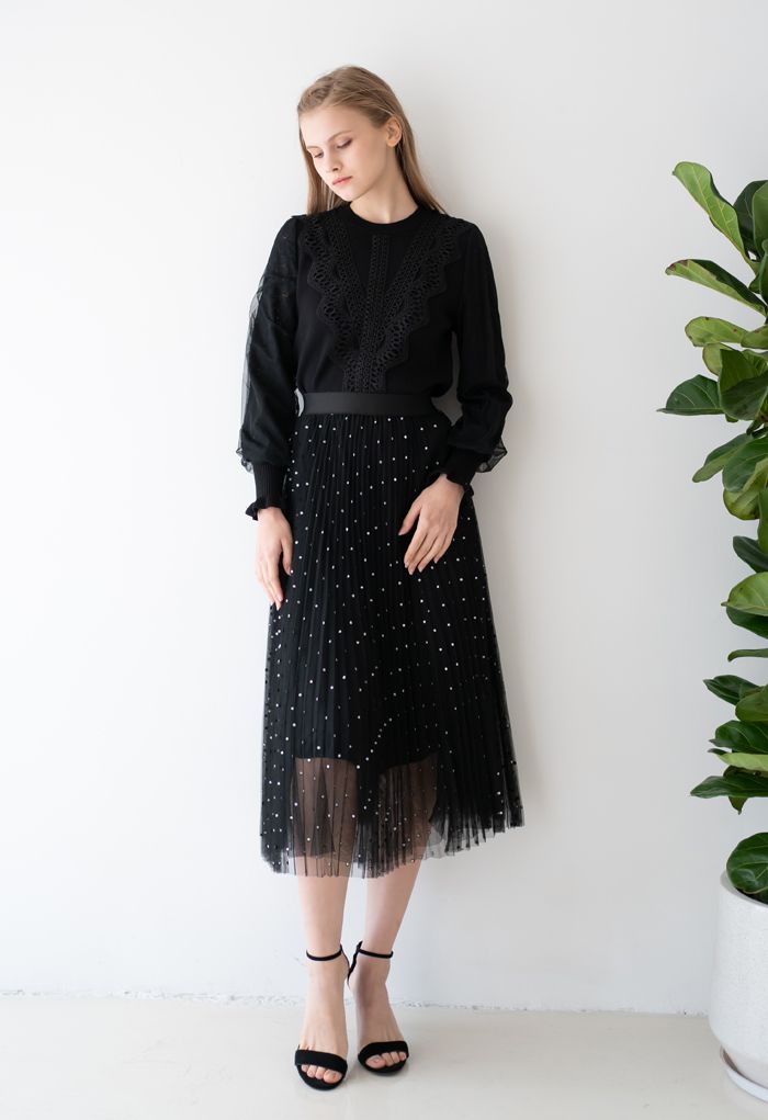 Glitter Dots Double-Layered Pleated Tulle Mesh Skirt in Black
