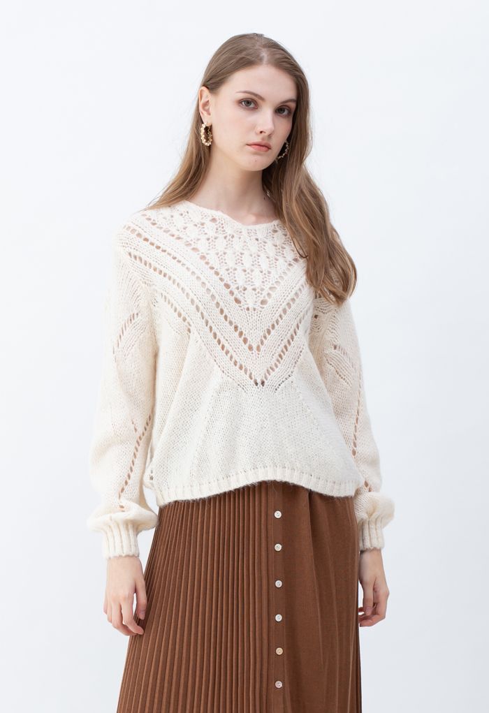 V-Shape Eyelet Fuzzy Knit Sweater in Cream - Retro, Indie and Unique ...
