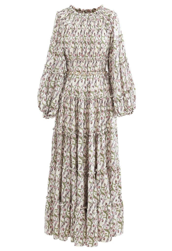 Calla Lily Print Puff Sleeves Chain Belted Maxi Dress - Retro, Indie ...