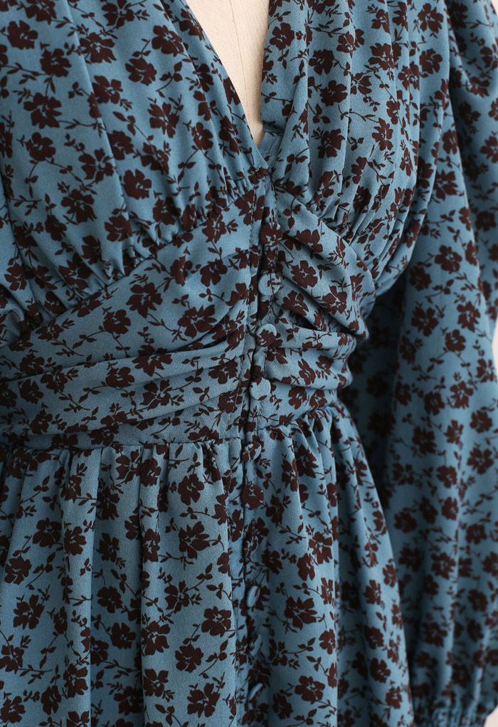 Padded Shoulder Floret Printed V-Neck Dress in Turquoise - Retro, Indie ...