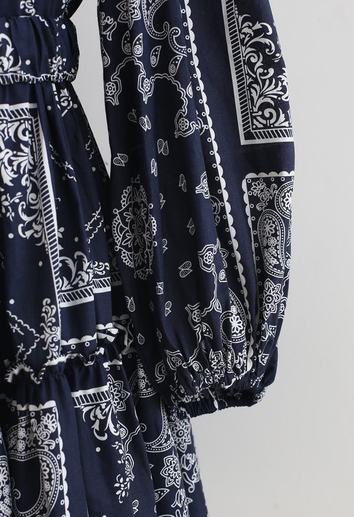 Puff Sleeves Belted Boho Dolly Dress in Navy