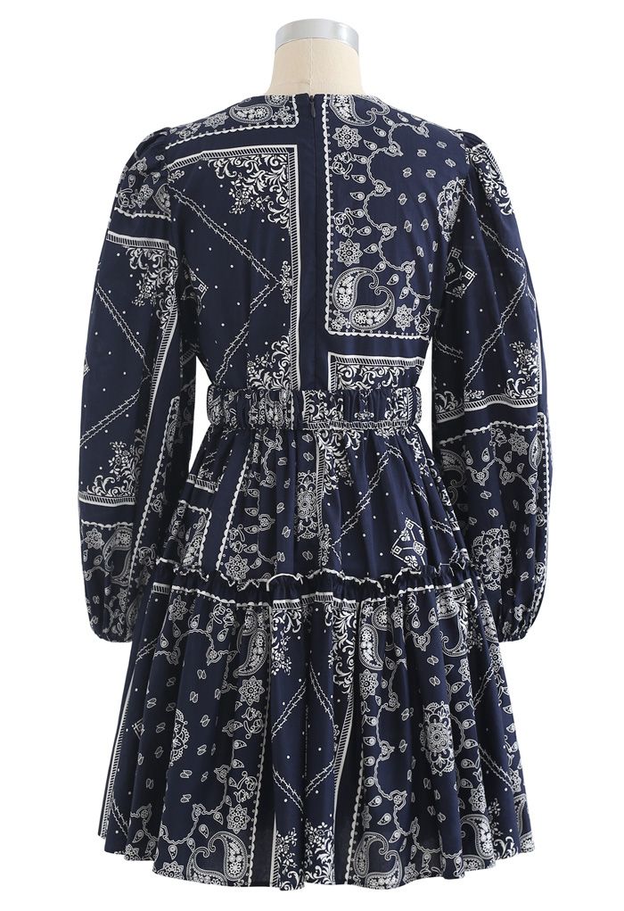 Puff Sleeves Belted Boho Dolly Dress in Navy