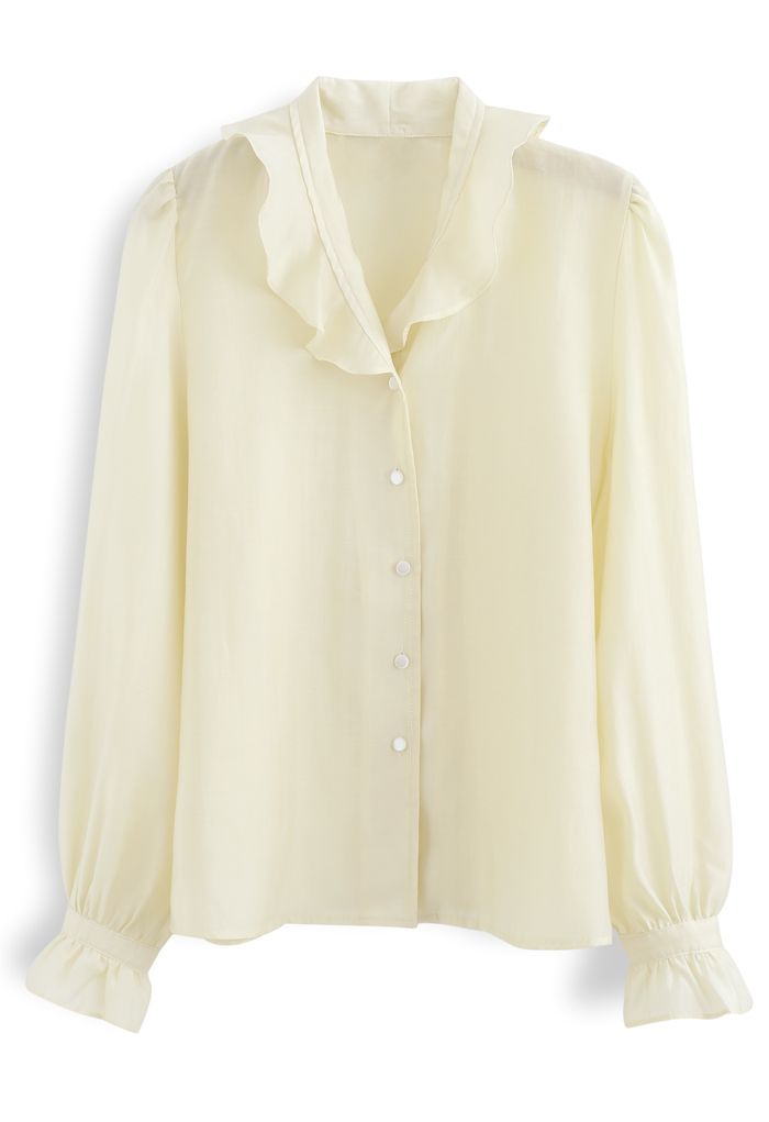 Semi-Sheer Ruffle Button Down Shirt in Cream - Retro, Indie and Unique ...