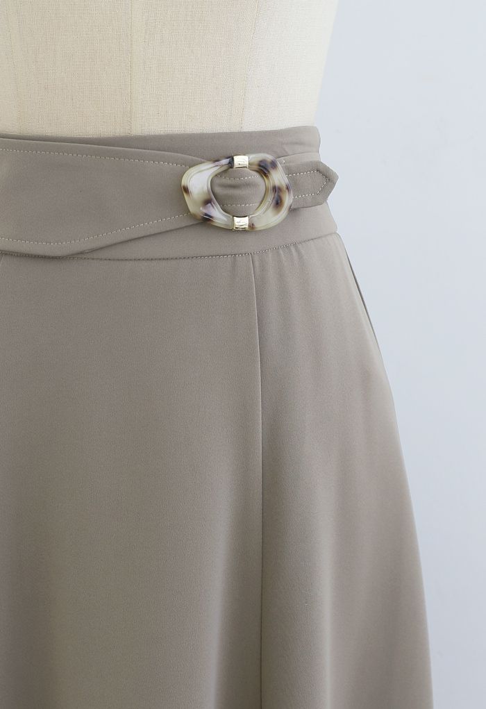 Marble Buckle Belted Flare Midi Skirt in Taupe