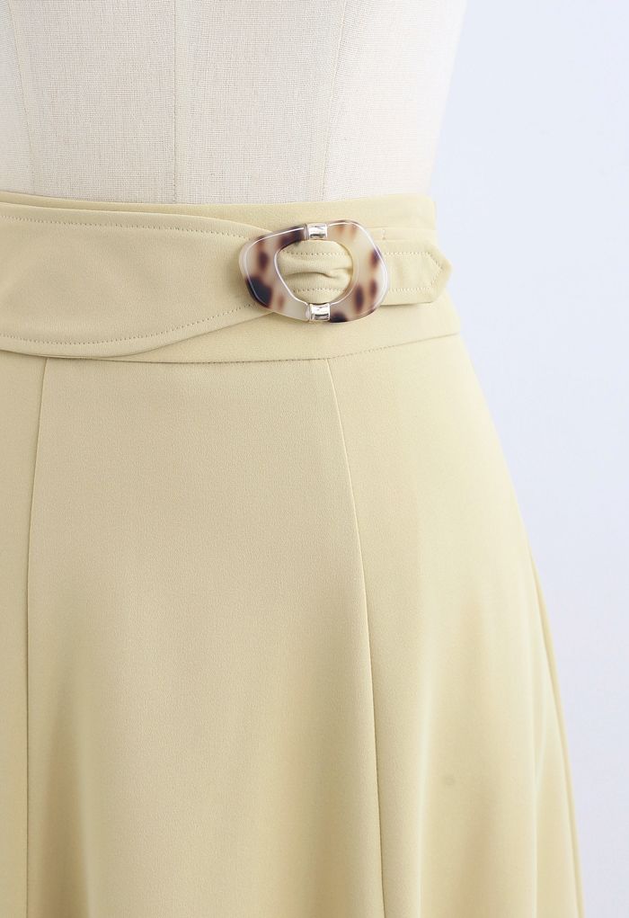 Marble Buckle Belted Flare Midi Skirt in Light Yellow