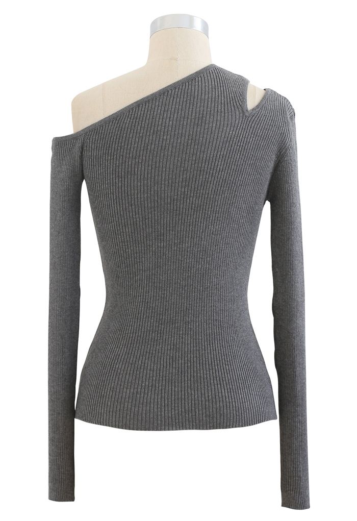 Asymmetric Cut Out Cold-Shoulder Fitted Knit Top in Grey - Retro, Indie ...