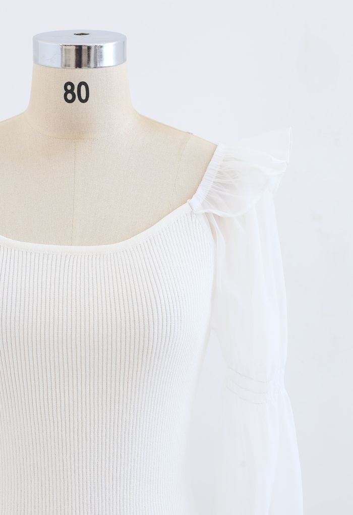 Organza Puff Sleeve Crop Knit Top in White