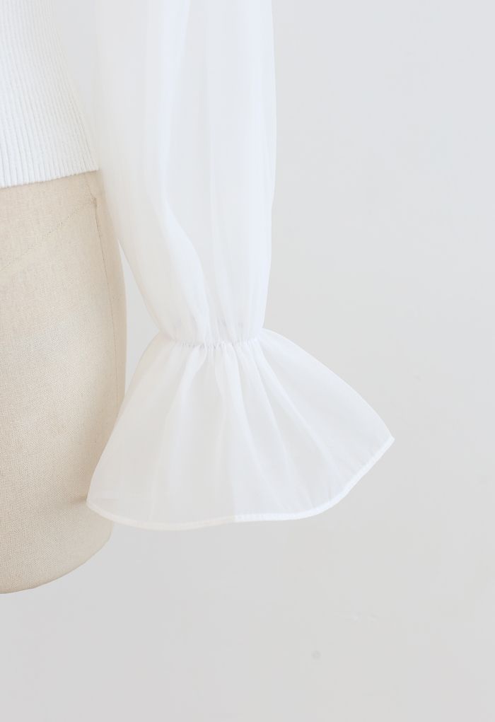Organza Puff Sleeve Crop Knit Top in White