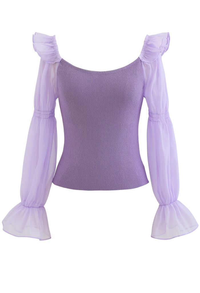 Organza Puff Sleeve Crop Knit Top in Lilac