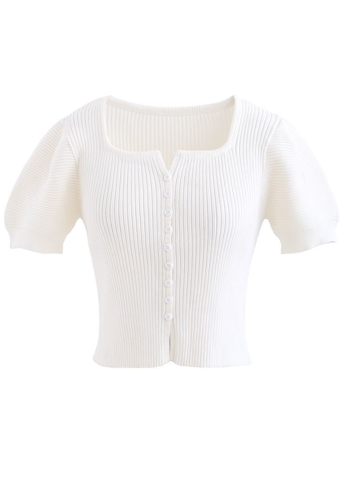 Short Sleeves Button Down Fitted Knit Top in White