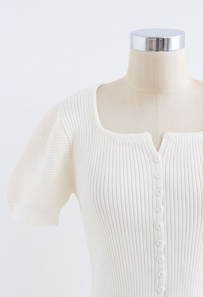 Short Sleeves Button Down Fitted Knit Top in White