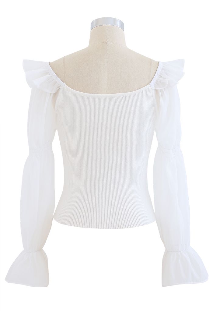 Organza Puff Sleeve Crop Knit Top in White - Retro, Indie and Unique ...