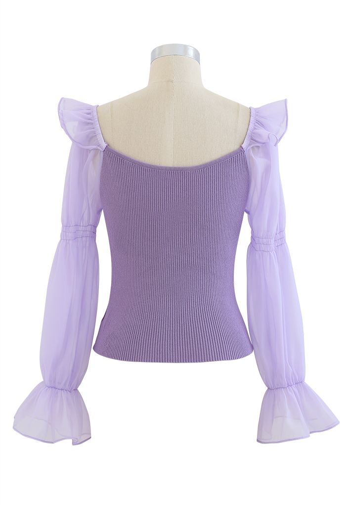 Organza Puff Sleeve Crop Knit Top in Lilac