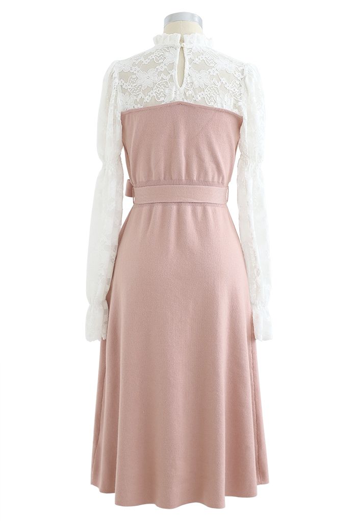 Lace Panelled Belted Knit Dress in Pink - Retro, Indie and Unique Fashion