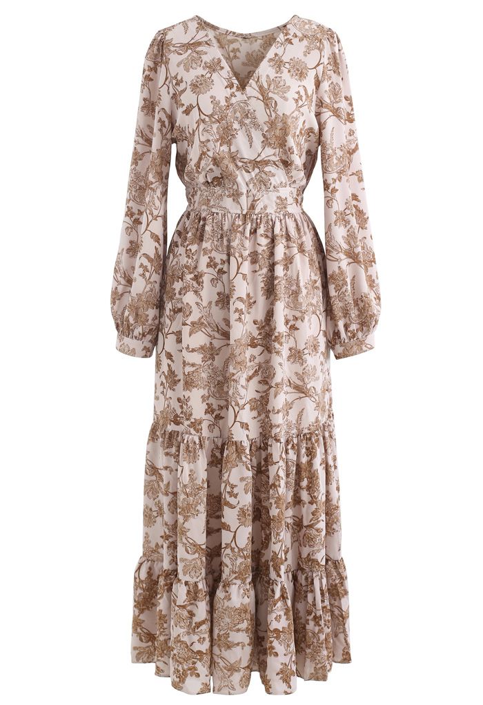 Drawing Floral Print Wrap Chiffon Dress in Dusty Pink