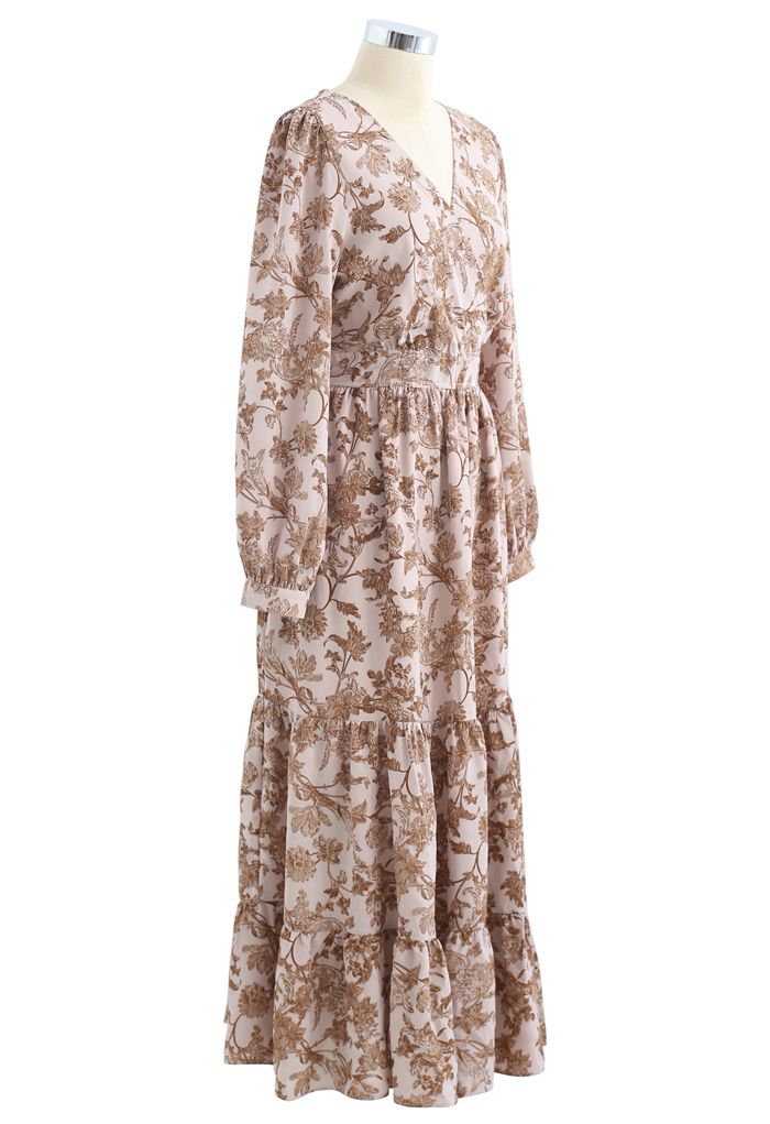 Drawing Floral Print Wrap Chiffon Dress in Dusty Pink