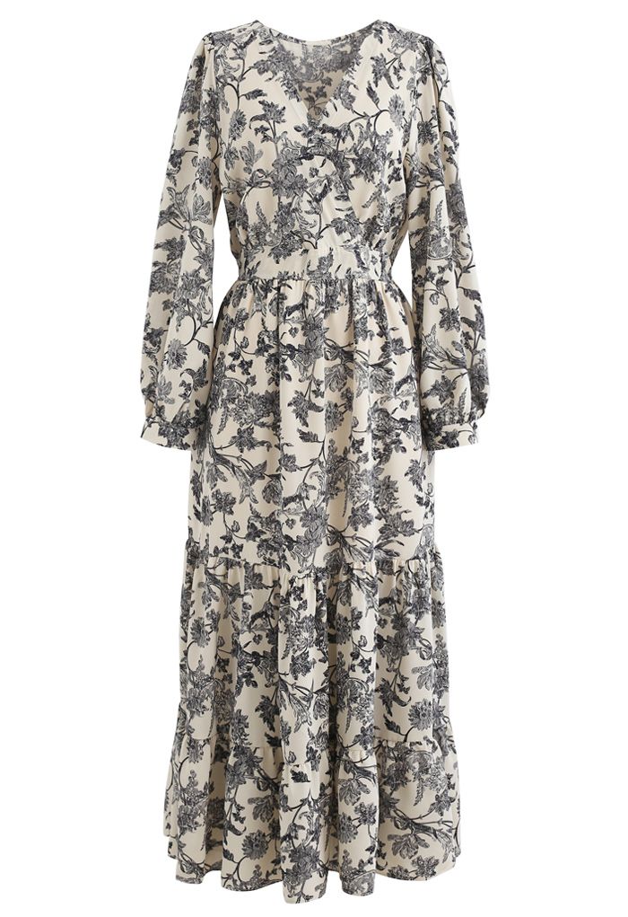 Drawing Floral Print Wrap Chiffon Dress in Cream - Retro, Indie and ...