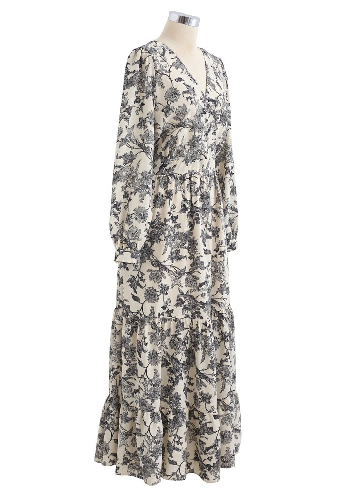 Drawing Floral Print Wrap Chiffon Dress in Cream - Retro, Indie and ...