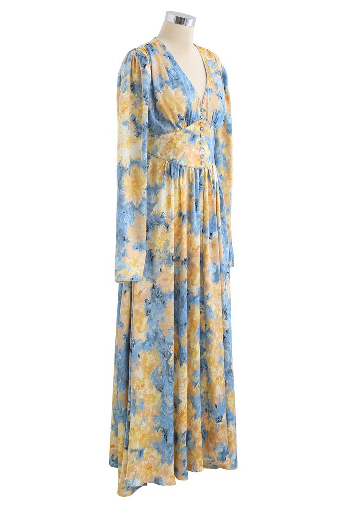 Crystal Trimmed Watercolor Painting Floral Maxi Dress - Retro, Indie ...