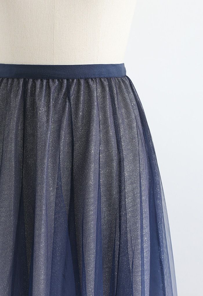 Gradient Glittery Velvet Mesh Midi Skirt in Navy - Retro, Indie and ...
