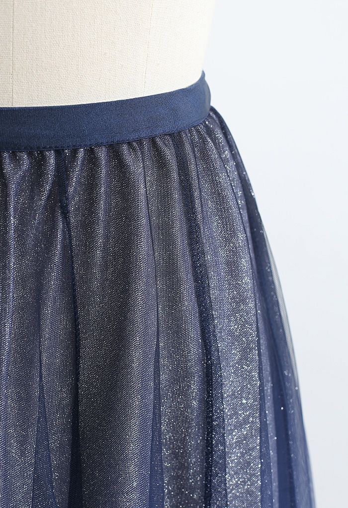 Gradient Glittery Velvet Mesh Midi Skirt in Navy - Retro, Indie and ...