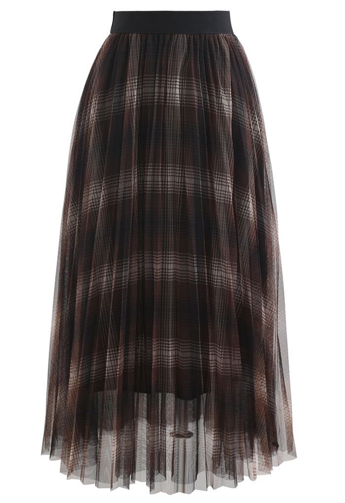 Plaid Pattern Double-Layered Mesh Tulle Midi Skirt - Retro, Indie and ...