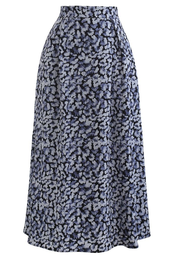 Tumbling Flowers Printed A-Line Midi Skirt in Blue