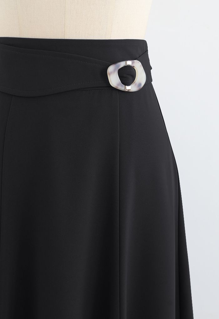 Marble Buckle Belted Flare Midi Skirt in Black