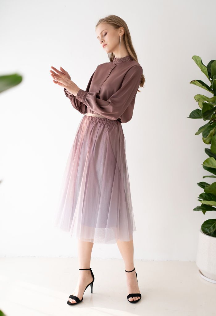 Gradient Glittery Velvet Mesh Midi Skirt in Taupe