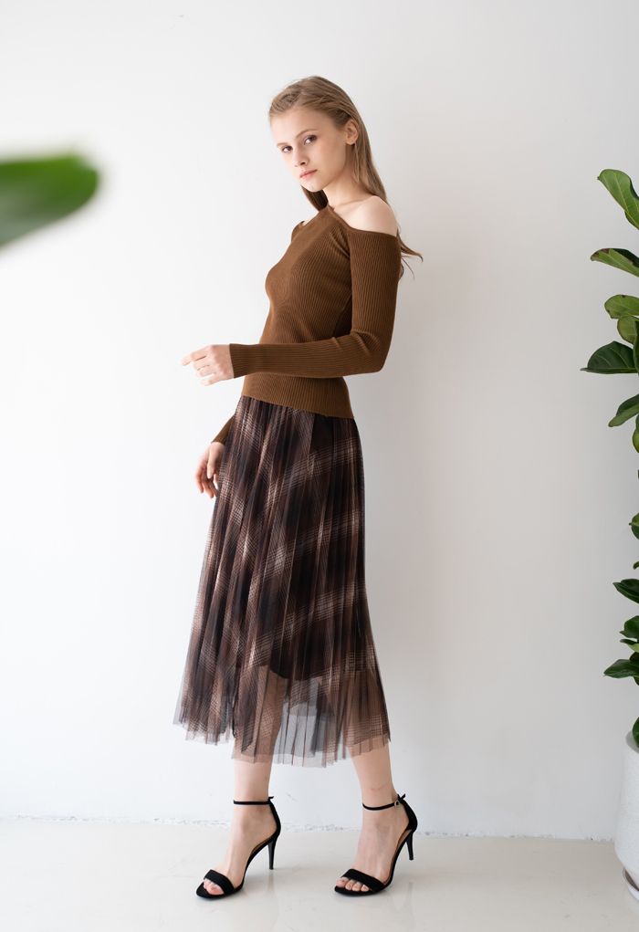 Plaid Pattern Double-Layered Mesh Tulle Midi Skirt