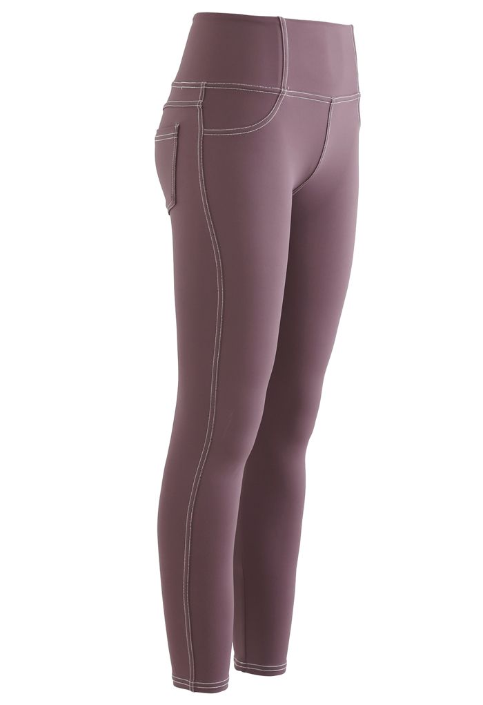 Seam Detail Back Patched Pocket Crop Leggings in Berry
