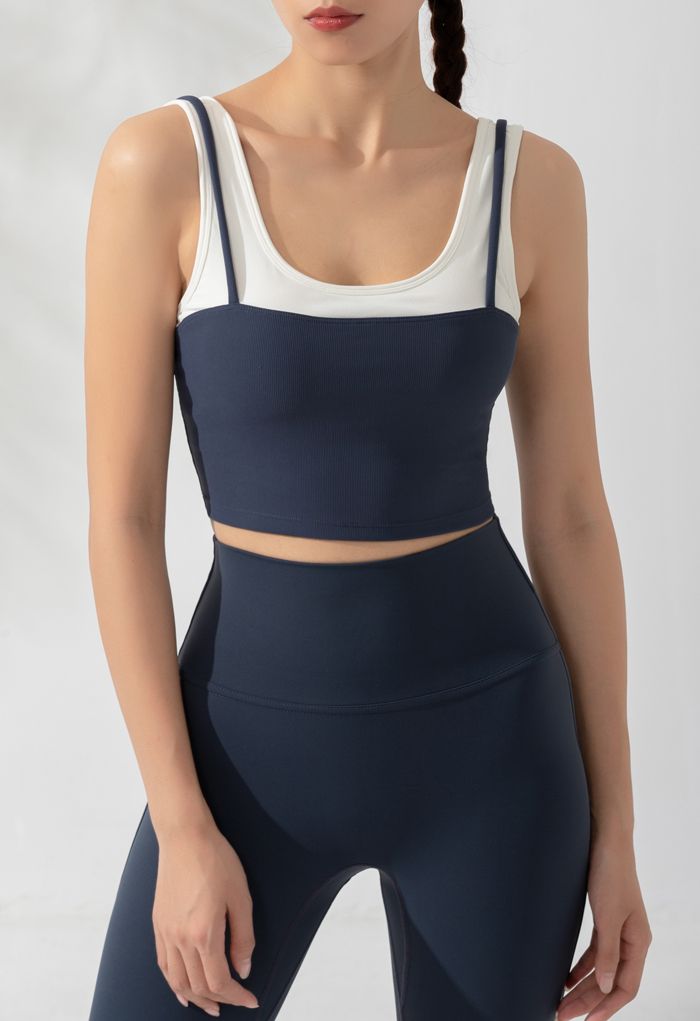 Fake Two-Piece Strappy Sports Bra in Navy - Retro, Indie and Unique Fashion