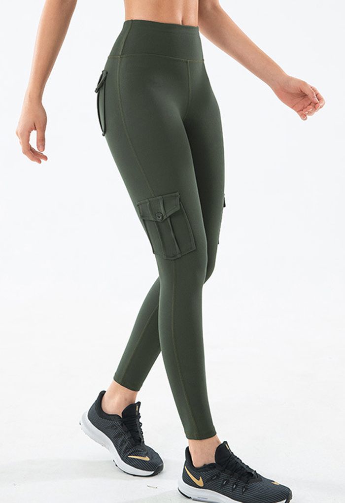 Buttoned Flap Pocket Seamed Cropped Leggings in Army Green - Retro ...