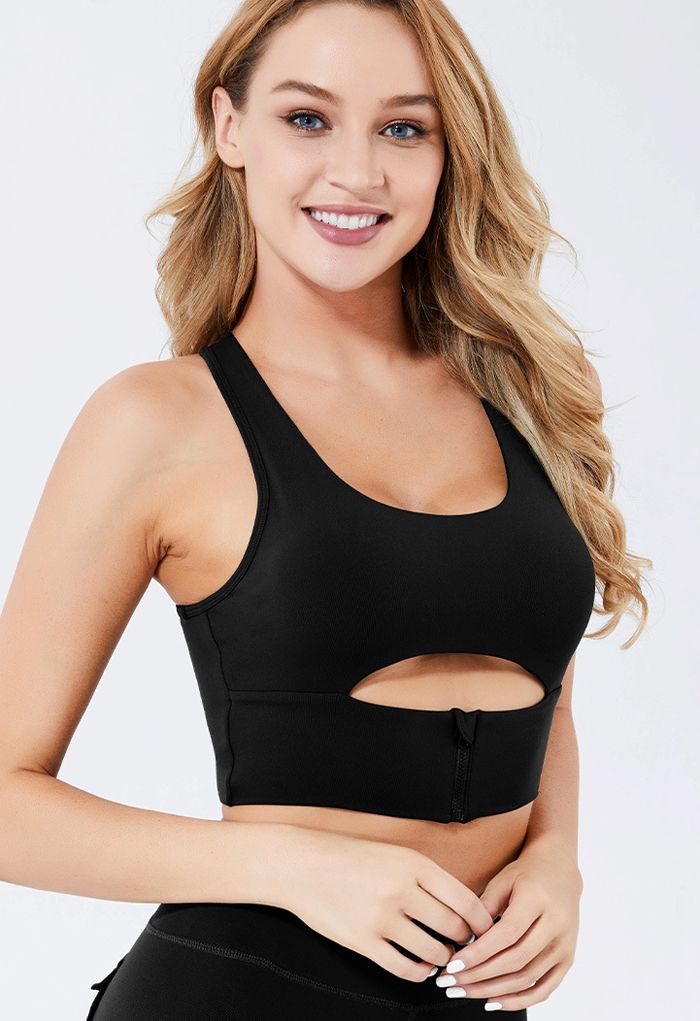 Zipper Cut Out Front Low-Impact Sports Bra in Black - Retro, Indie