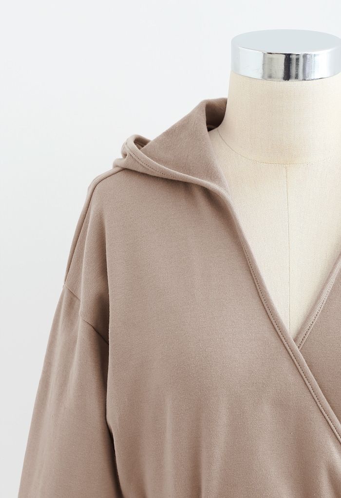 Self-Tied Front Cropped Hoodie in Tan