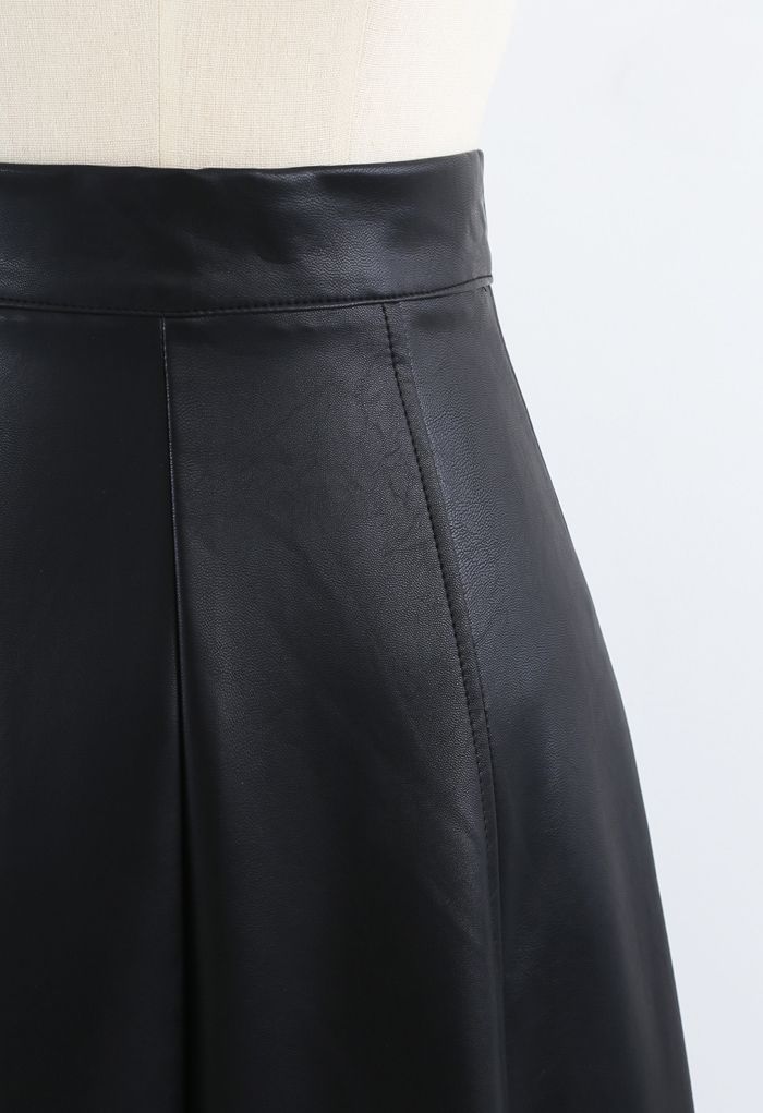 Soft Faux Leather Seamed A-Line Skirt in Black