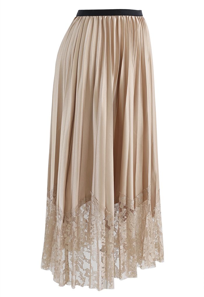 Pleated Sheen Flower Lace Hem Midi Skirt in Tan - Retro, Indie and ...