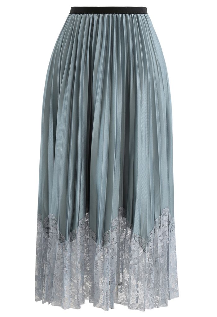 Pleated Sheen Flower Lace Hem Midi Skirt in Turquoise - Retro, Indie ...