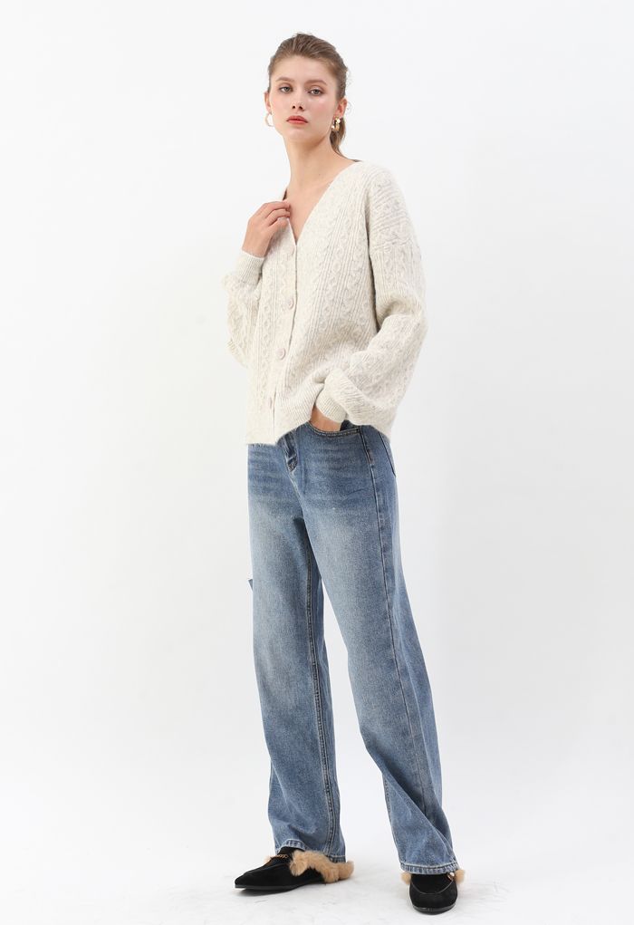 Braid Buttoned Fuzzy Knit Cardigan in Ivory - Retro, Indie and Unique ...