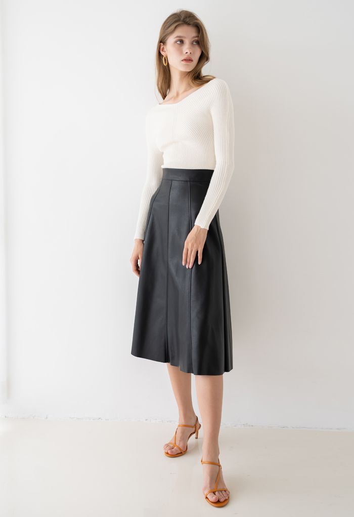 Soft Faux Leather Seamed A-Line Skirt in Black