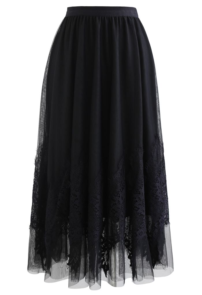 Tassel Lace Double-Layered Tulle Mesh Skirt in Black - Retro, Indie and ...