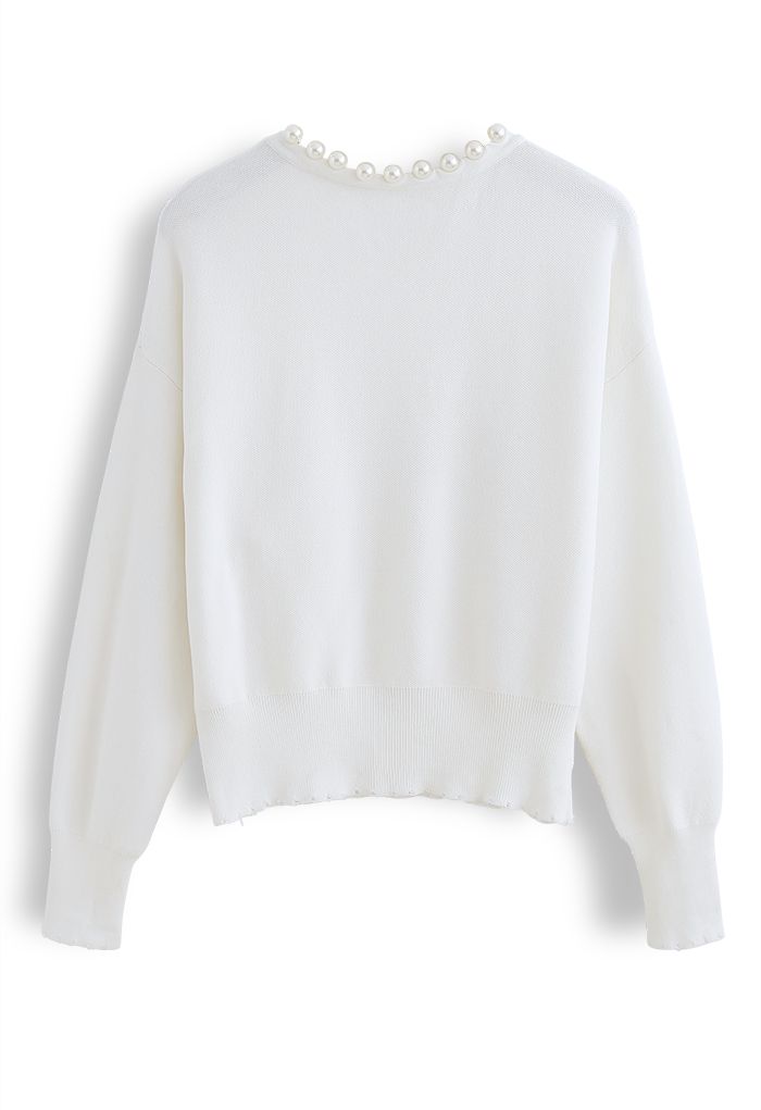 Pearls Trim Round Neck Knit Top in White