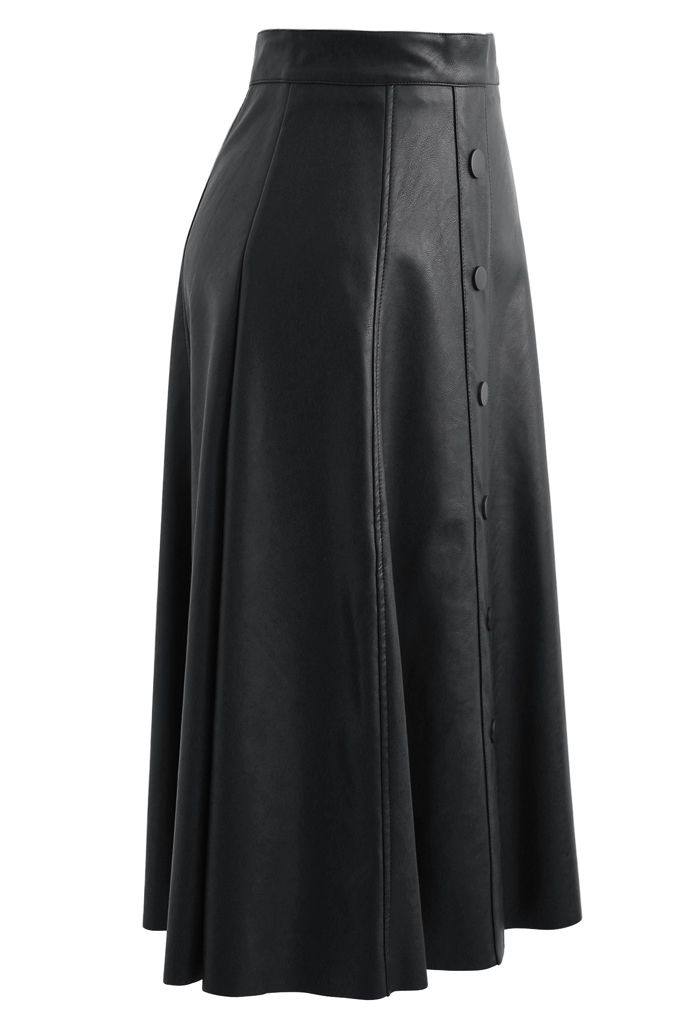 Buttoned Soft Faux Leather A-Line Skirt in Black - Retro, Indie and ...