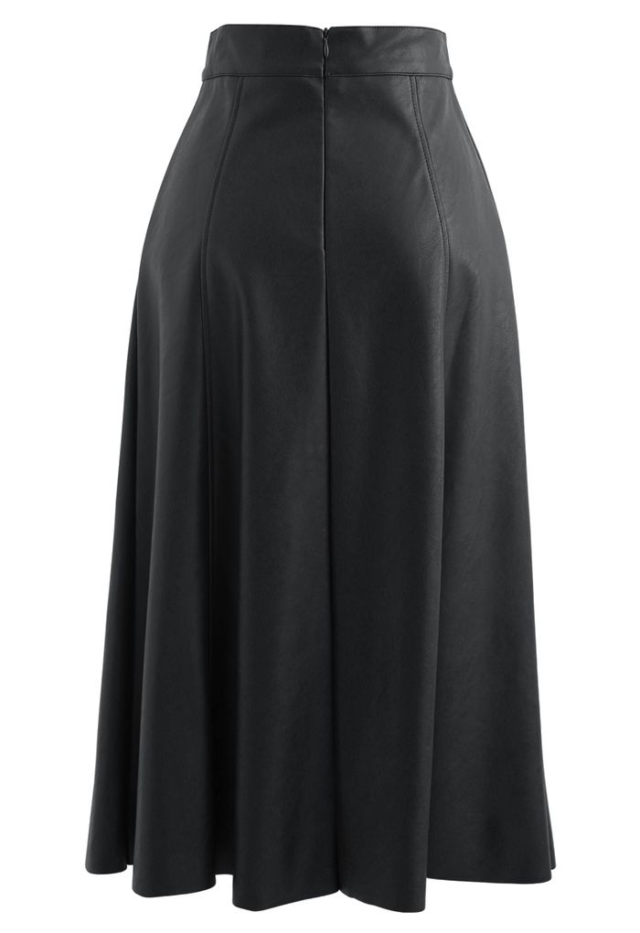Buttoned Soft Faux Leather A-Line Skirt in Black
