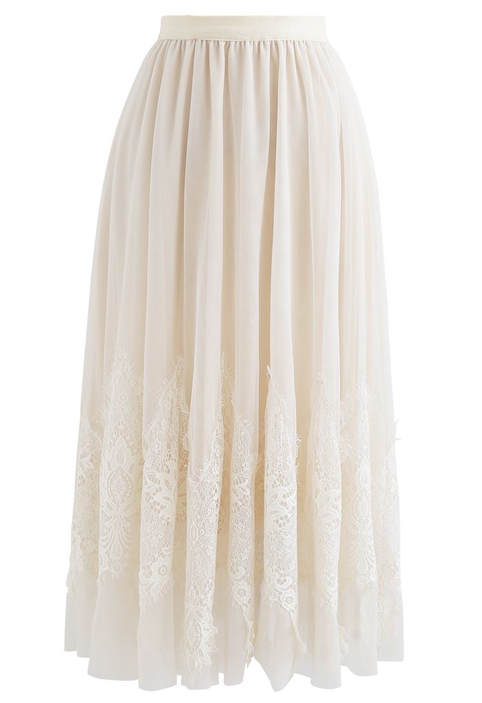 Tassel Lace Double-Layered Tulle Mesh Skirt in Cream - Retro, Indie and ...