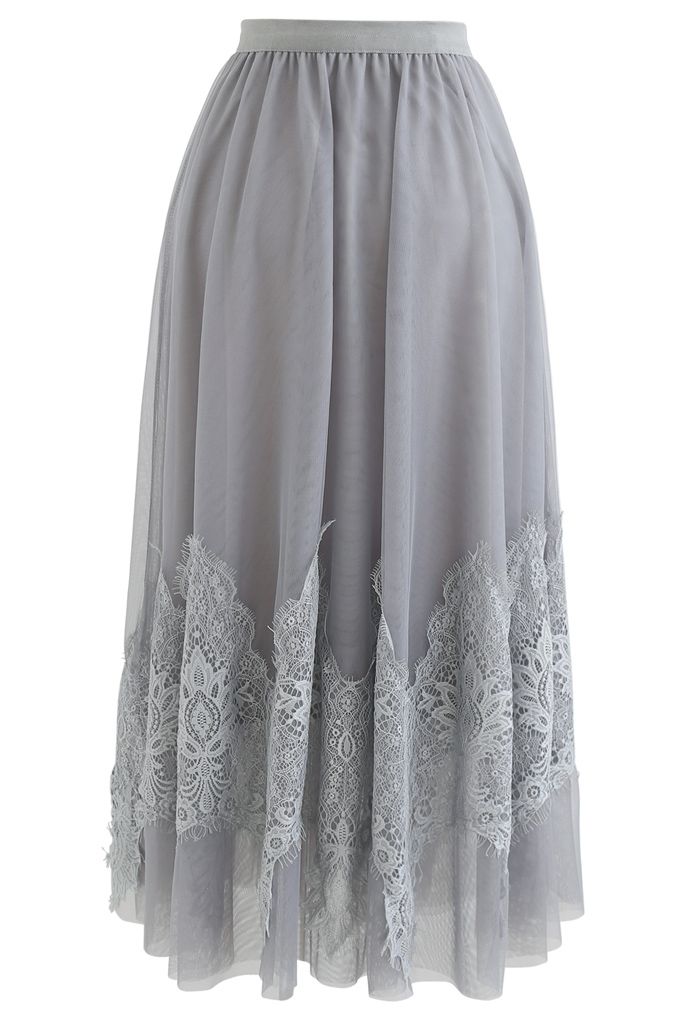 Tassel Lace Double-Layered Tulle Mesh Skirt in Grey - Retro, Indie and ...
