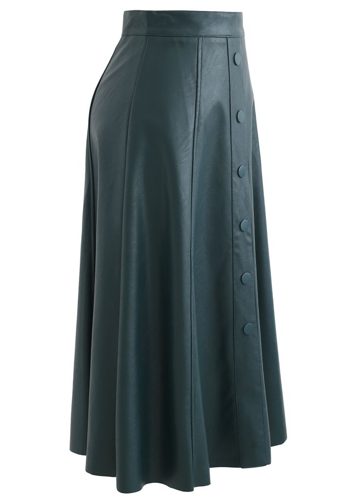 Buttoned Soft Faux Leather A-Line Skirt in Dark Green - Retro, Indie ...