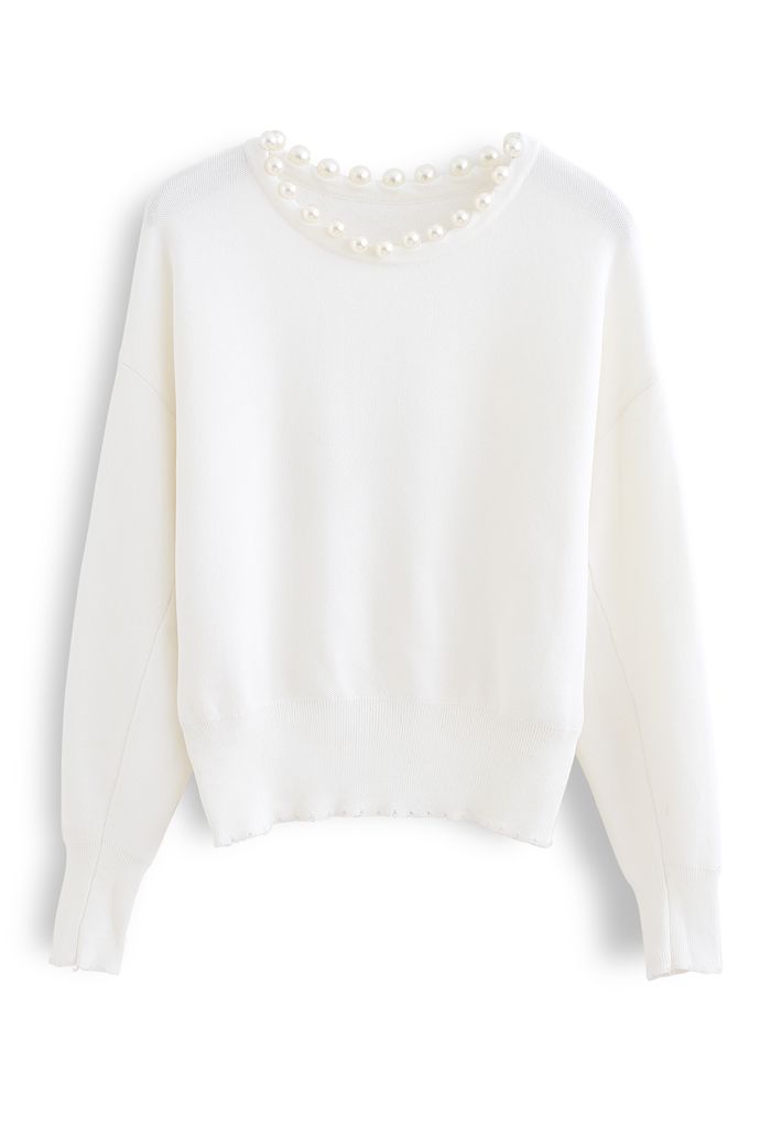Pearls Trim Round Neck Knit Top in White