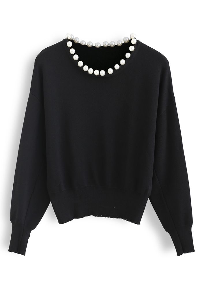 ulv Thorny Bølle Pearls Trim Round Neck Knit Top in Black - Retro, Indie and Unique Fashion
