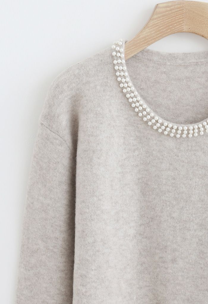Shiny Pearly Round Neck Fluffy Knit Sweater in Taupe - Retro, Indie and ...